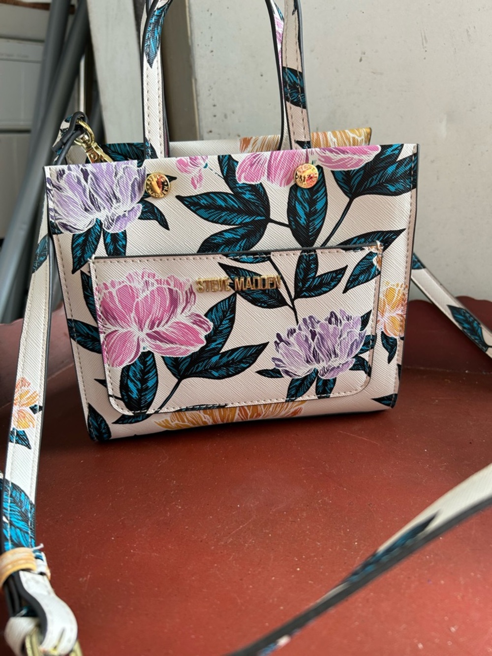 Steve Madden Cream Crossbody Tote with Pink & Purple Floral Print